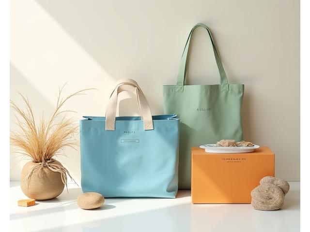 Various examples of eco-friendly packaging for beach gear, including compostable mailers, reusable fabric bags, and recycled cardboard boxes, arranged artfully with natural elements.