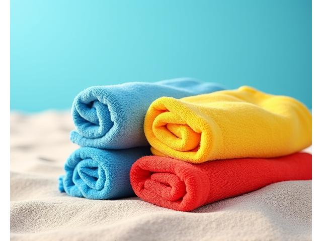 Stacked colorful quick-dry beach towels on sand
